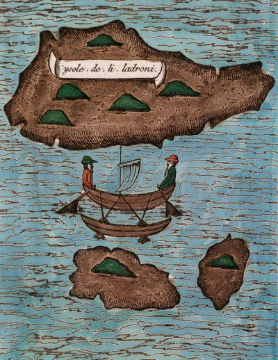 Islas de los Ladrones (bugün Mariana Adaları), Ferdinand Magellan ile dünya çapında ilk yolculuğun Raporundan renkli gravür by Antonio Pigafetta
