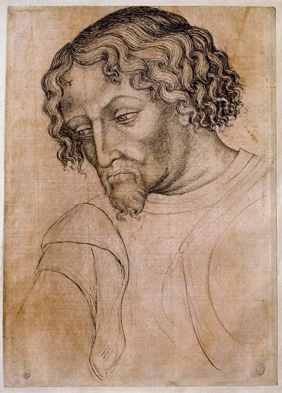 Başı dörtte üçü sola eğik, sakallı adam büstü. Antonio di Puccio Pisano dit Pisanello (1395-1455) atölyesinin çizimi. Tüy (çizim), kan. Karartma: 28x20cm. Louvre, çizim firması by Antonio Pisanello