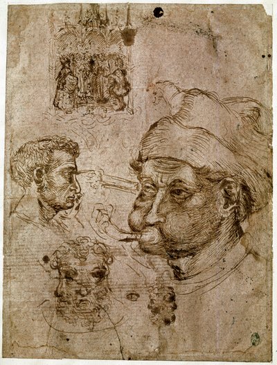 İkisinin üç yüzü olan dört erkek kafası. Bir sunak. Bir at. Antonio di Puccio Pisano dit Pisanello