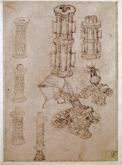 Üç adet kask ve iki adet silah söküldü. Çizim Antonio di Puccio Pisano dit Pisanello (1395-1455) Kahverengi mürekkep, siyah taş, tüy. Karartma: 28,7x20,6cm. Louvre, çizim firması by Antonio Pisanello