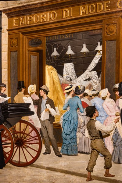 Epoch, bir vitrine bakan kadınların detayı, bir kasaba tellalı ve bir oğlan by Antonio Puccinelli