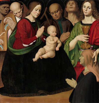 Dört Aziz ve Bir Kadın Donörlü Kutsal Aile, c. 1510. by Antonio Rimpacta