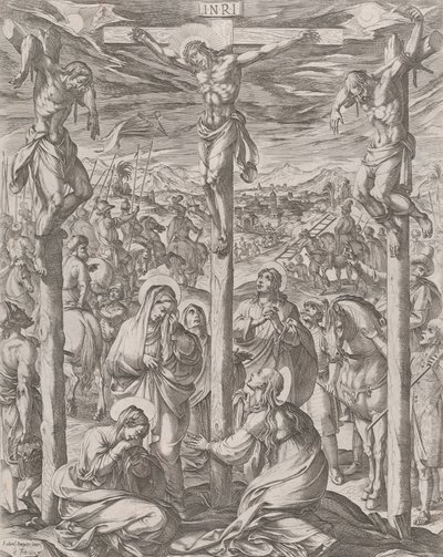 İki hırsız arasında çarmıha gerilmiş İsa, çarmıha gerilmiş üç Meryem, 1612. by Antonio Tempesta