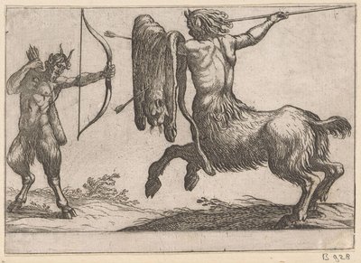 Bir satire saldıran bir centaur Dövüşen hayvanlar (dizi başlığı) by Antonio Tempesta