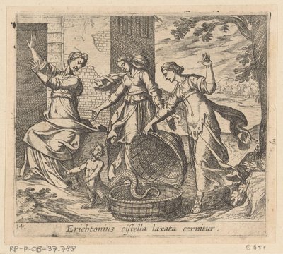 Erichthonius uit zijn mand gelaten Erichtonius tabutu sıktı (nesnedeki başlık) Metamorfozlar veya dönüşümler (dizi başlığı) Metamorfozlar van Ovidius (dizi başlığı) by Antonio Tempesta