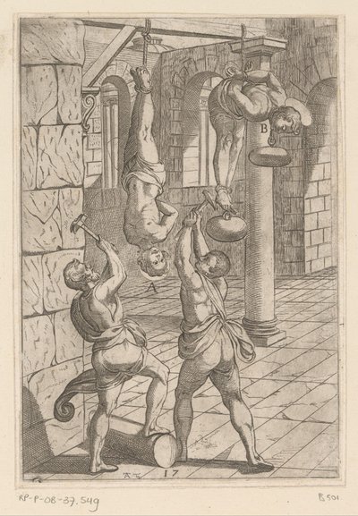 Asılırken çekiçle işkence Hıristiyan şehitlerin maruz kaldığı işkenceler (dizi adı) Varia tormentorum et supplicioru rawlium (...) (seri başlığı) by Antonio Tempesta