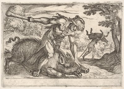 Herkül ve Erymanthus Domuzu: Herkül sol ha..., 1608 ile yabandomuzlarının burnunu tutar. by Antonio Tempesta