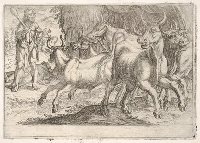 Herkül ve Geryones Öküzleri: Sağ eliyle kaldırdığı bir sopayla Herkül yüzleşir..., 1608. by Antonio Tempesta