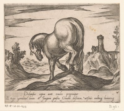 Tepeden inen at, arkasından görülen farklı ülkelerden atlar (dizi adı) Ducibus princeps celebraberis ore viroru illa homines'i yendi haec sideribusq locat (dizi adı) by Antonio Tempesta