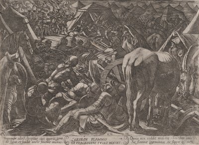 Levha 14: Gideon Düşman Kampını Terörize Eder, 'Eski Tes'in Savaşları..., yakl. 1590-ca. 1610. by Antonio Tempesta