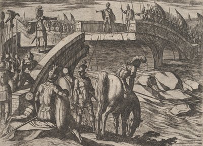 Levha 36: Civilis ve Cerialis Anlaşmaya Varmak İçin Kırık Bir Köprüde Buluşuyor, The War of..., 1611. by Antonio Tempesta