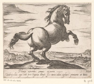 Steigerend paard naar rechts gewend Paarden uit verschillende landen (seri başlığı) Bu liderlik altında prens, kahramanın ağzıyla kutlanacak, o adam bu yıldızları yenecek. by Antonio Tempesta
