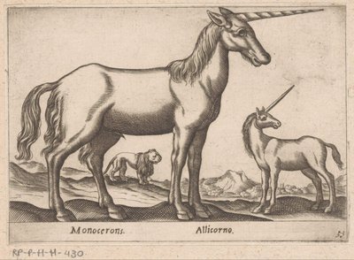 İki tek boynuzlu at ve bir aslan Monocerons/ Allicorno (nesne üzerindeki başlık) Hayvanlar ve efsanevi yaratıklar (dizi adı) Nova raccolta de li animali piu curiosi del mondo (dizi başlığı) by Antonio Tempesta