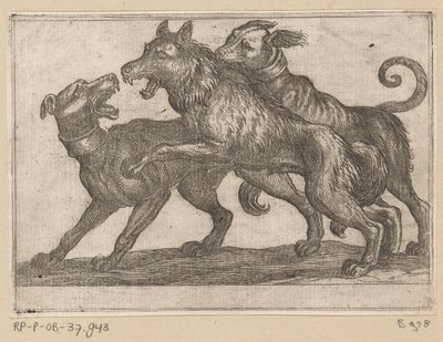 Bir kurtla savaşan iki köpek Dövüşen hayvanlar (dizi başlığı) by Antonio Tempesta