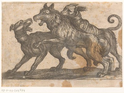 İki köpek bir kurtla dövüşüyor Hayvanlarla dövüşüyor (dizi adı) by Antonio Tempesta