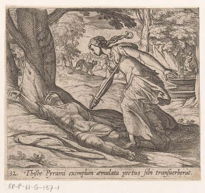 Zelfmoord van Thisbe Thijsbe, örnek olarak taklit edilmiş bir Pyramus'un göğsünü deldi (nesne üzerindeki başlık) Metamorfozlar veya dönüşümler (dizi başlığı) Metamorphoses van Ovidius (dizi başlığı) by Antonio Tempesta
