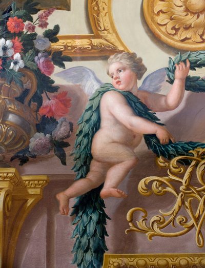 Bir defne çelengi ve çelenk tutan bir melek tasviri gösteren bir duvar resminin detayı, Ziyafet Evi by Antonio Verrio