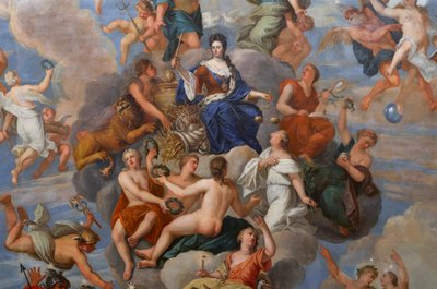 Kraliçe Anne, bir dizi kişileştirilmiş erdemle çevrili, Kraliçe'nin Salon tavanının detayı by Antonio Verrio