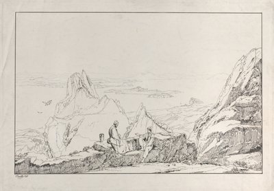 Ön planda iki adamın olduğu dağlık bir manzara, 1828. by Antonio Vianello