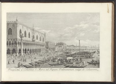 Hoek van het San Marcoplein, Dogepaleis en de zuil ile bir araya geldi, Leeuw van Venetië ile bir araya geldi Yaygın olarak Schiavoni olarak bilinen Dalmaçyalıların kıyısındaki San Marco Sütunu