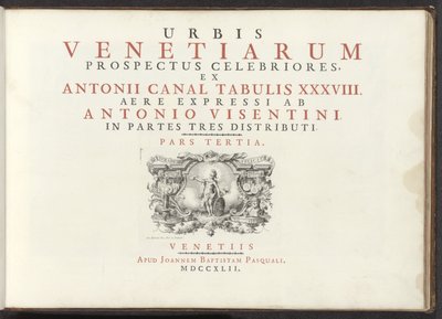 Titelpret, een naakte vrouwenfiguur ile tanıştı schild, helm en boek Antonio Vssentini tarafından yeniden üretilen Antonio Kanalı'nın 38 pirinç panelinden Venedik şehrinin daha ünlü manzaraları üç bölümde dağıtıldı. üçüncü taraf (nesne üzerinde seri ba by Antonio Visentini