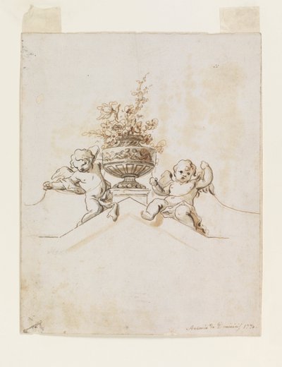 Çiçekli Vazonun Yanında İki Putti by Antonio di Dominici