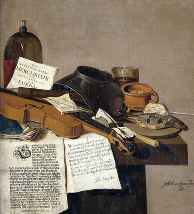 Natürmort Broşürlü Keman, Flüt, Yemek ve Broşürler by Antonius Leemans