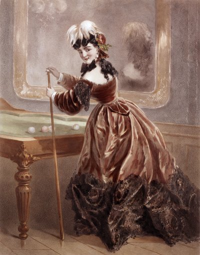 2. İmparatorluk zamanında bilardo oynayan bir fahişe (renkli gravür) by Antony Paul Emile Morlon