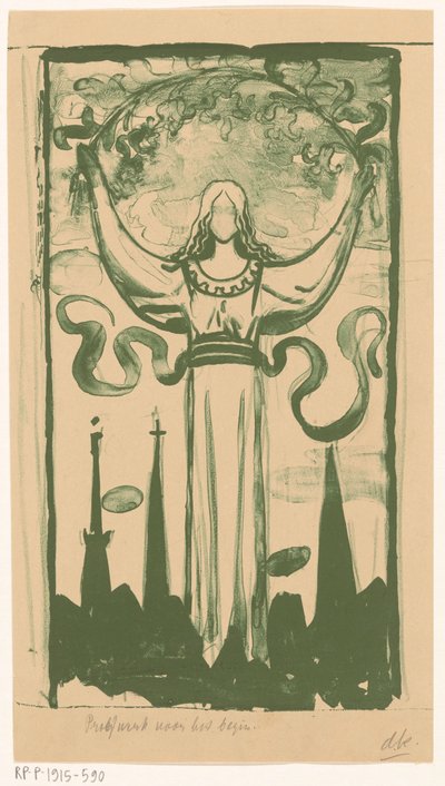 Başının üstünde bir çiçek dalı tutan kadın figürü by Antoon Derkinderen (signed by artist)