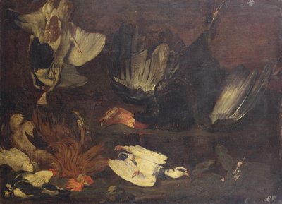 Kayalık Bir Bankada Ölü Bir Hindi, Güvercinler, Bir Horoz ve Diğer Kuşlar (tuval üzerine yağlı boya) by Arcangelo Resani