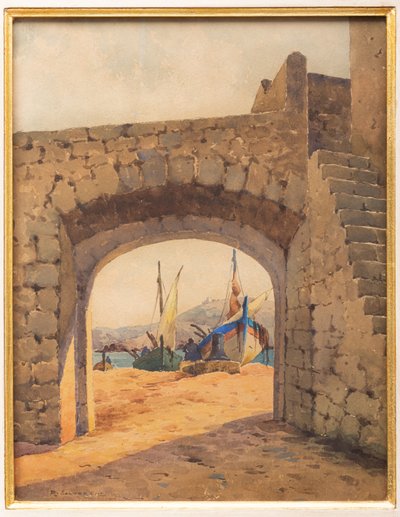 Liman ve Teknelerin Bulunduğu Kasa (suluboya) by Arcangelo Salvarani