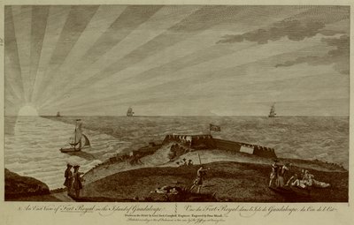 Bir grup asker ön planda bir tepenin üzerinde duruyor, ötesinde Fort Royal, yelkenli gemiler ve arka planda denizde batan güneş by Archibald (after) Campbell