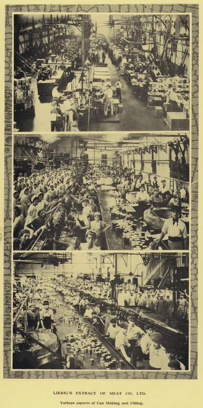 Can yapma ve doldurma, Liebig Extract of Meat Company, Ltd, Arjantin fabrikası (s/b fotoğraf) by Argentinian Photographer