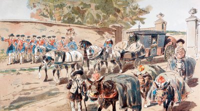 Duvarlı Bir Yerleşkeye giren ve bir Bando ile Eşek Treni arasından geçen bir Post-Chaise by Armand Jean Heins