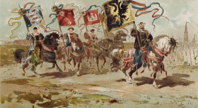 Horsemen carrying banners of the Hanseatic League and some of its member cities, Spanish Netherlands, 16th Century  by Armand Jean Heins