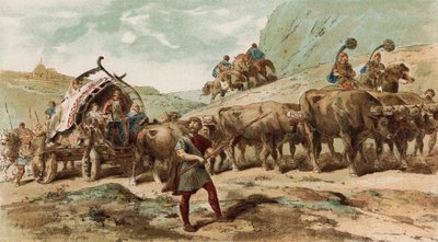 Ox-drawn wagon and escort of the Nervii tribe of northern Gaul  by Armand Jean Heins