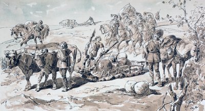 Kayalarla dolu ilkel bir kızağı çeken öküz, 1886 by Armand Jean Heins