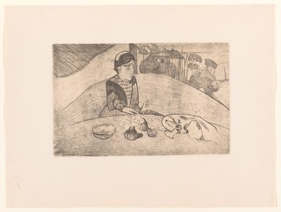 Breton çiftçinin karısı masada La femme aux figürleri by Armand Seguin (possibly)