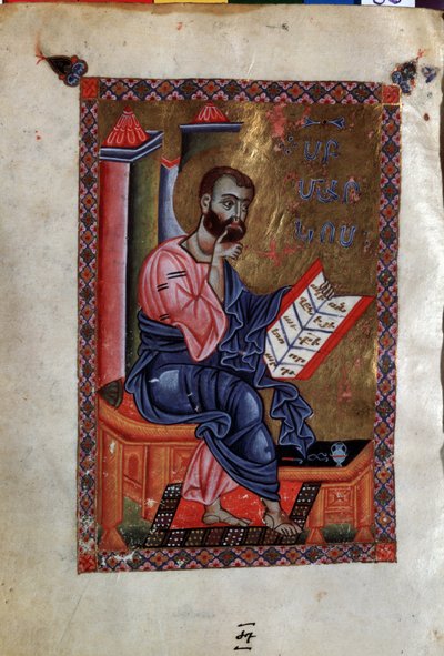 Evangelist Aziz Mark (Evangelist Mark). Codex Matenadaran (13. yüzyıl), minyatür, parşömen üzerine suluboya ustası tarafından aydınlatma by Armenian School