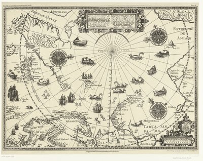 Hollandalıların üç seferini gösteren Kuzey Kutup Dairesi çevresindeki ülkelerin haritası, 1598 Hollandalı ve Noordt syde van Noorweghen, Moscovia, nova Sembla ve 80. derece Groenlandt tarafından yapılan üç seylagien
