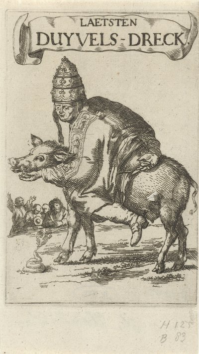 Pope on a pig Başlık sayfası: J. Lydius, Laetsten duyvels-dreck, 1687 by Arnold Houbraken