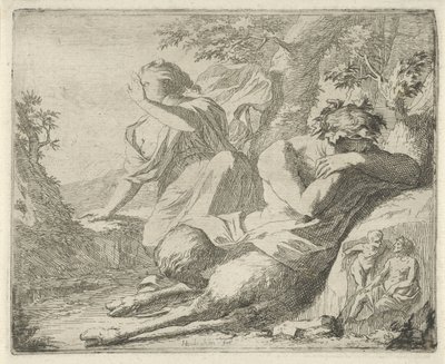 Satyr ve kadın figürü gözleri güneş ışığından koruyor Ressamların, heykelcilerin vb. hizmetinde açılan günah heykelleri sahnesi (dizi adı) by Arnold Houbraken