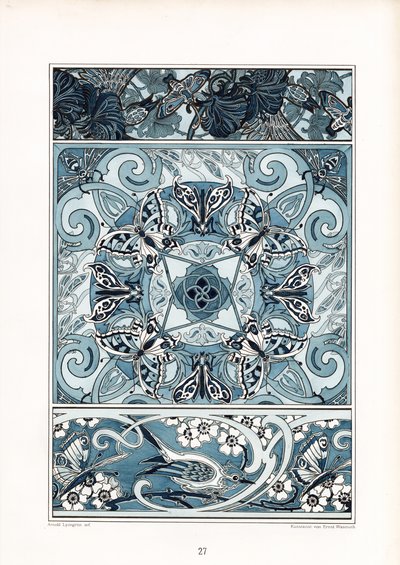 Kelebekli ve Kuşlu Mavi Beyaz Süs Desenleri (taş baskı) by Arnold Lyongrün
