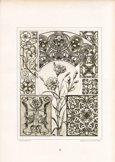 Tek Renkli Karanfil Motifleri ve Süslü Yüzey Desenleri (taş baskı) by Arnold Lyongrün