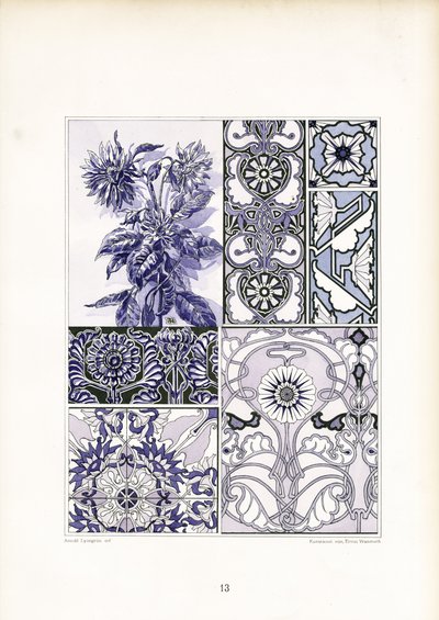 Mavi Tonlarda Peygamber Çiçeği Süsleme Çalışmaları (taş baskı) by Arnold Lyongrün