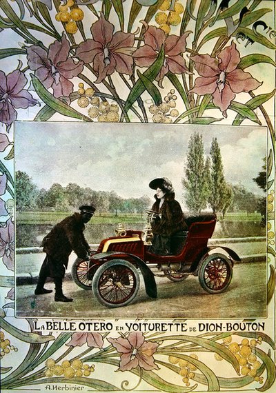 Bir De Dion-Bouton arabasının direksiyonunda La Belle Otero, 1900 dolayları by Arsene Herbinier