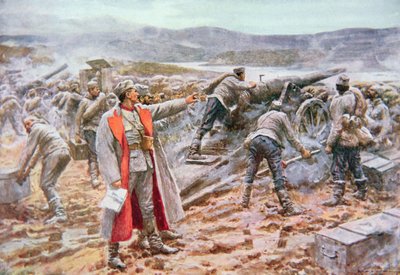 Avusturyalılara karşı eylemde olan Sırp topçusu (renkli taş) by Arthur C. (after) Michael
