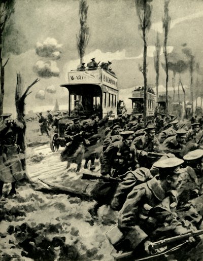 Askerleri cepheye taşımak için kullanılan Londra otobüsleri, Birinci Dünya Savaşı, 1914-1918, c1920. by Arthur C. Michael