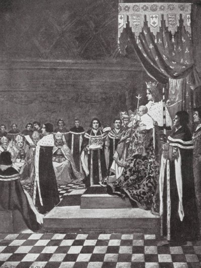 Henry VI Annesi ile Parlamentoyu açarken (taş baskı) by Arthur David (after) McCormick