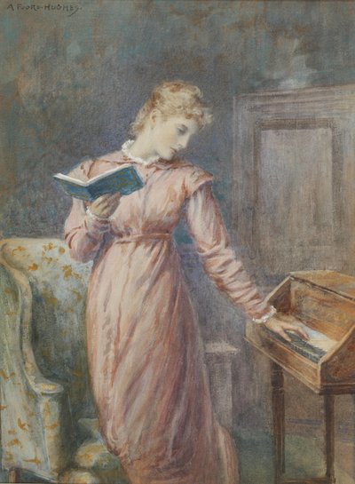 Spinet çalarken kitap okuyan bir bayan. by Arthur Foord Hughes